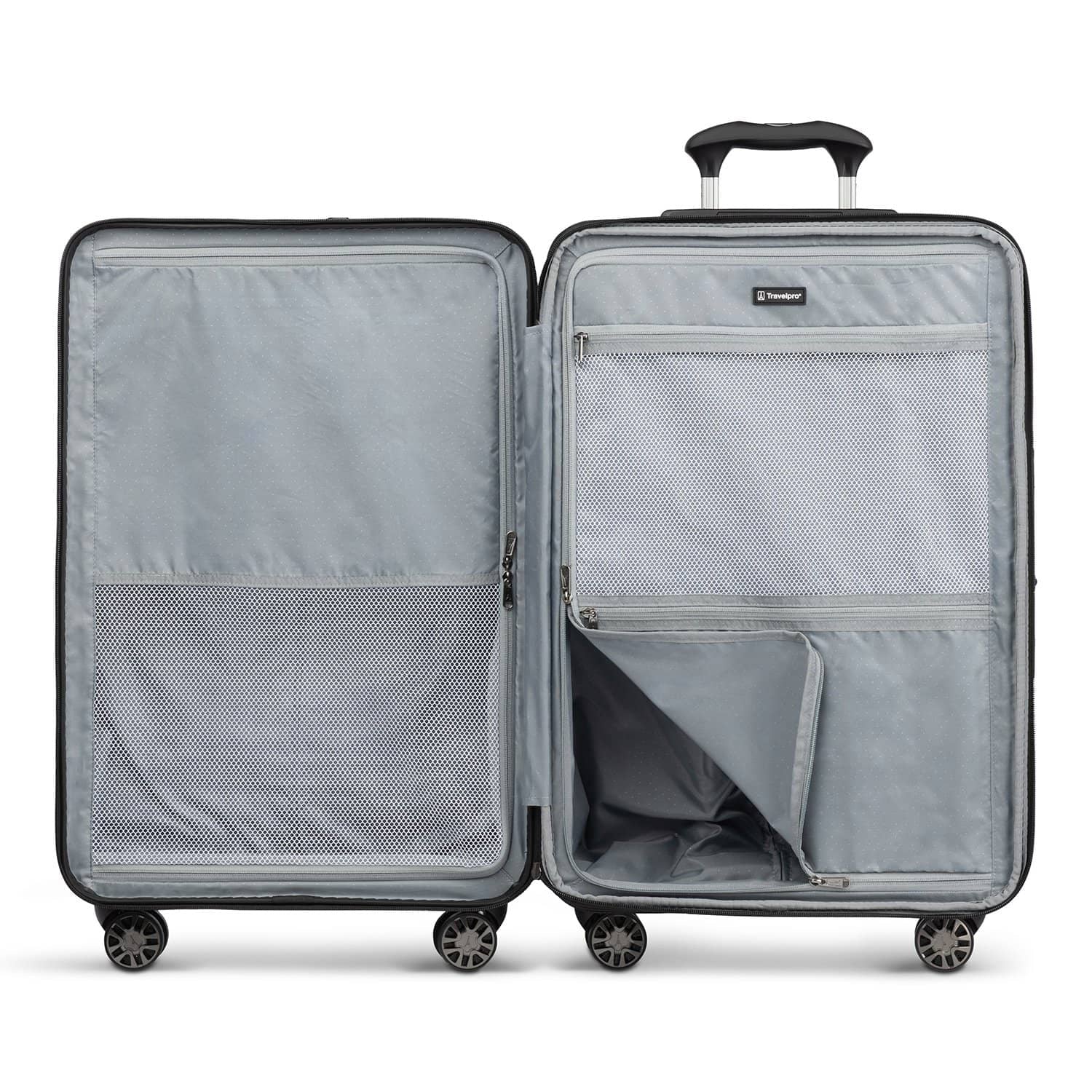 Interior view of Travelpro Roundtrip Medium Check‑In Expandable Spinner in Navy, showing dual‑compartment design with zippered mesh divider and adjustable packing straps against white background.