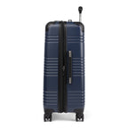 Side view of Travelpro Roundtrip Medium Check‑In Expandable Spinner in Navy, showing textured hardshell design, expansion zipper open, black telescoping handle, and four spinner wheels against white background.